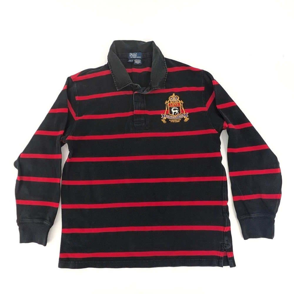 Polo Ralph Lauren Rugby Shirt Striped Crest Long Sleeve Black Red Kids L 16/18